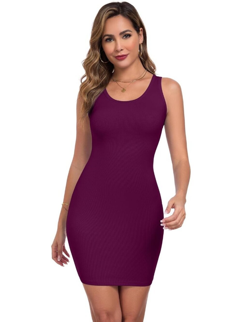 Women's Purple Summer Tank Dress Ribbed Crew s Basic Bodycon Sleeve Mini Dress